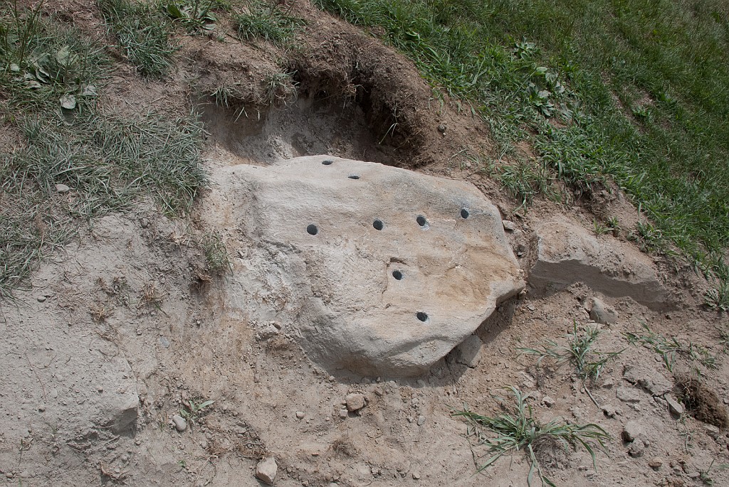 DSC_8791.jpg - This boulder is too large for splitting with wedges.  I've drilled it in preparation for use of Dexpan™.