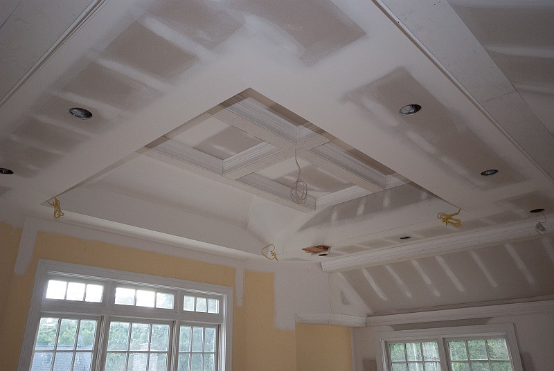 DSC_9877.jpg - Now the coffered ceiling trim is taking shape.  The light cove trim remains to be seen.  Temperatures are in the 90's as our fourth heat wave of the summer presses on.